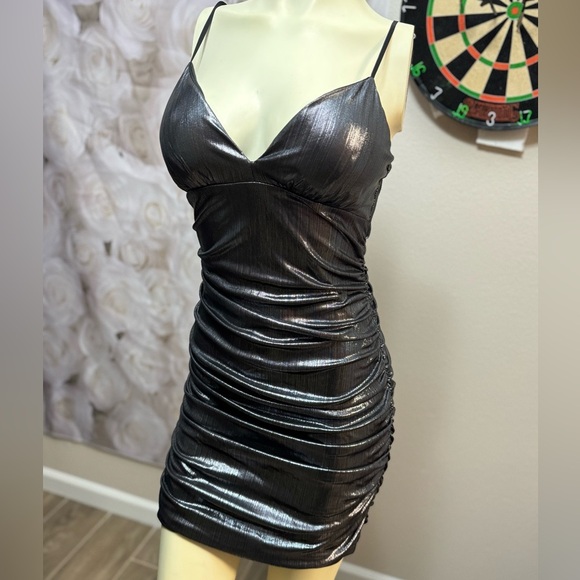Emerald Sundae Metallic Ruched Spaghetti
Strap Mini Dress  Black M - Picture 1 of 16